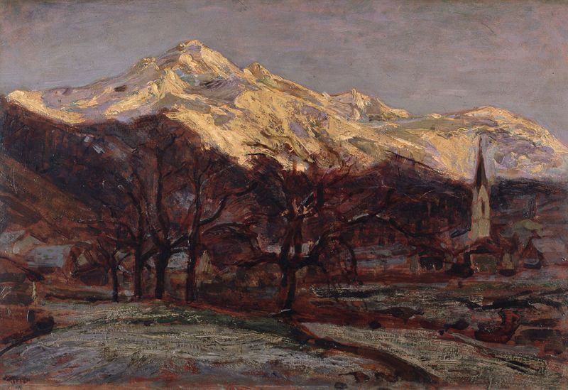 Amanhecer nas Montanhas, óleo sobre tela de Giuseppe Carozzi, retratando montanhas ao amanhecer.