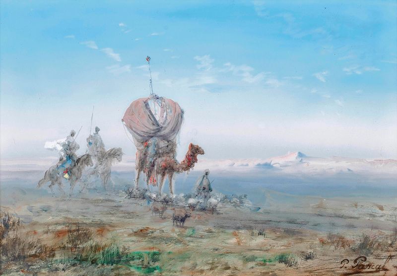 Una caravana atravesando un paisaje desértico, óleo sobre lienzo de Paul Pascal