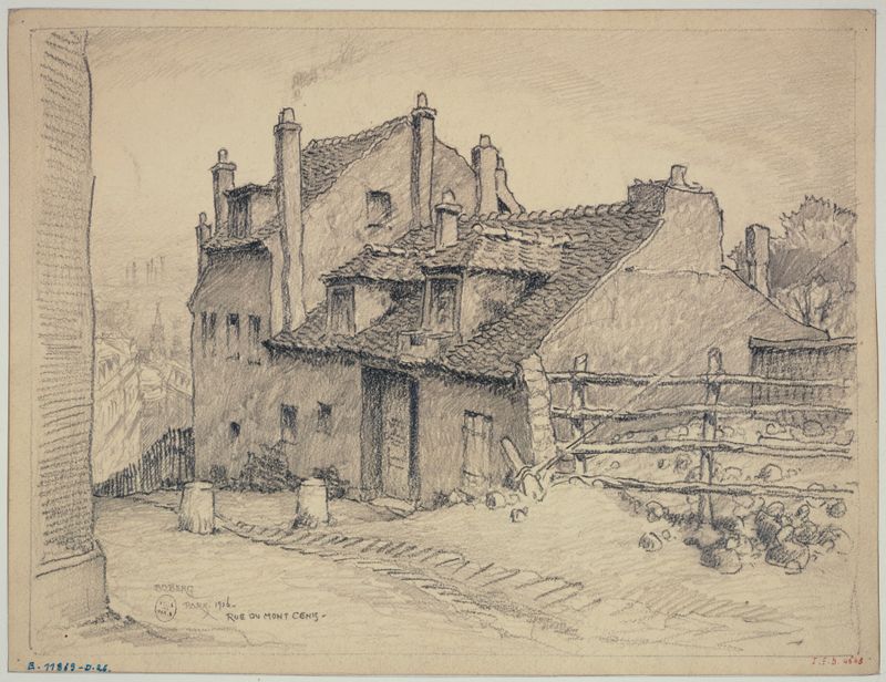 La rue du Mont-Cenis de Ferdinand Boberg, pintura a óleo que retrata uma rua de paralelepípedos com luz suave.