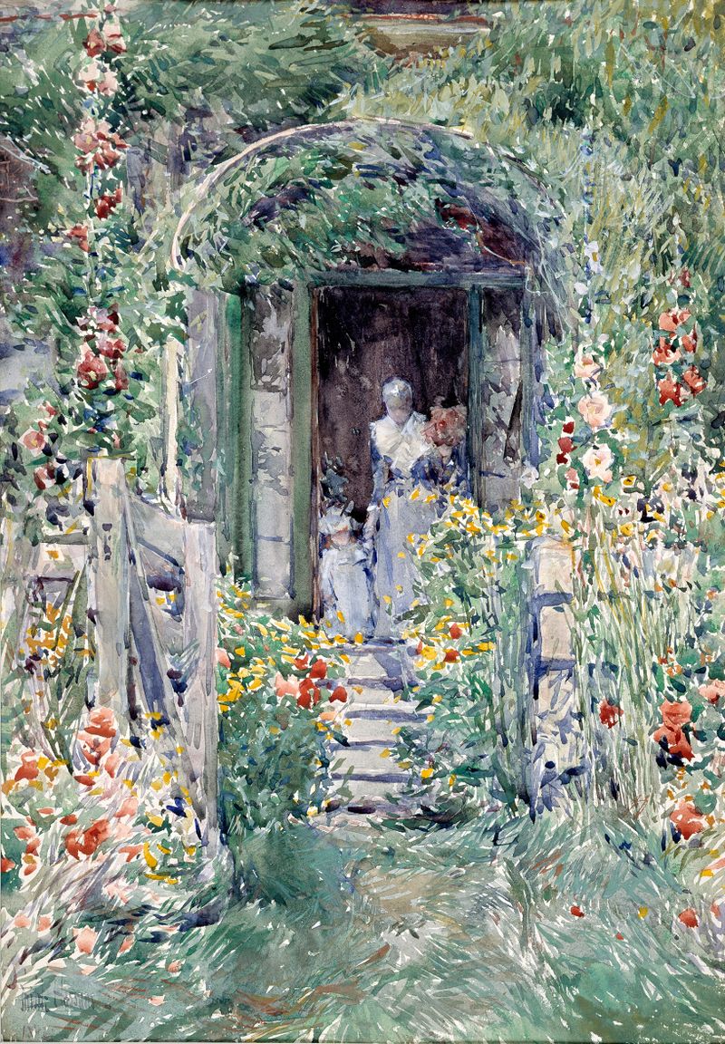 Pintura al óleo de Childe Hassam que representa un jardín vibrante con flores y luz solar.