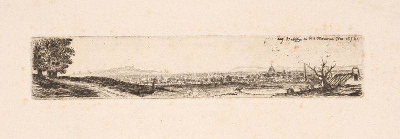 Engraving by Auguste Delâtre depicting a distant cityscape with clouds and a glowing horizon.
