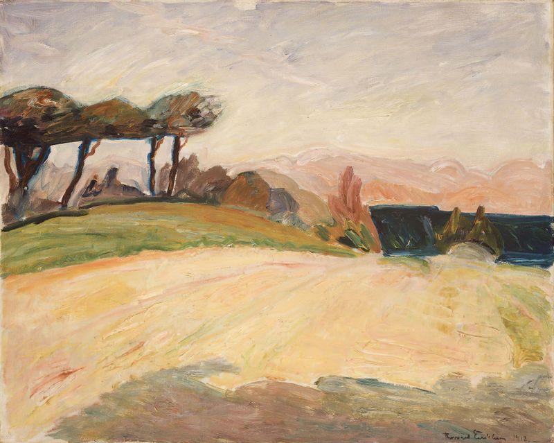 Italian Landscape by Thorvald Erichsen, oil on canvas depicting rolling hills and a sunlit valley.