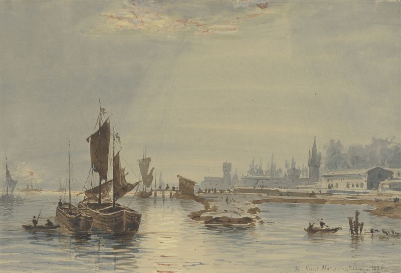 Oil on canvas by Friedrich Ernst Morgenstern depicting a river at twilight