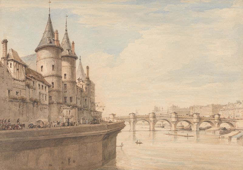 The Conciergerie, Paris by Henry Edridge, oil painting depicting a stone facade at dusk.