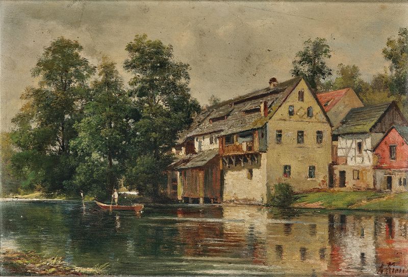Paisaje con aguas reflectantes suaves, pintura al óleo de Alois Kirnig