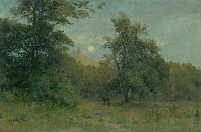 Paisaje iluminado por la luna con Hrad Slanec de Ľudovít Čordák, pintura al óleo