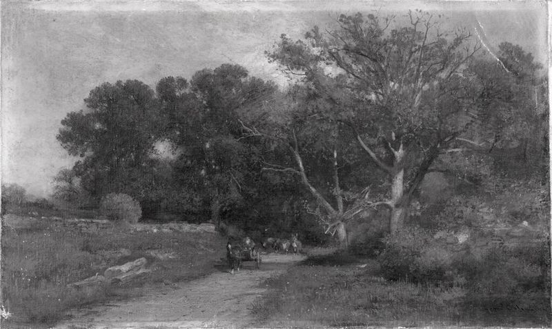 Country Road by Samuel Colman, oil on canvas depicting a winding path through lush greenery.
