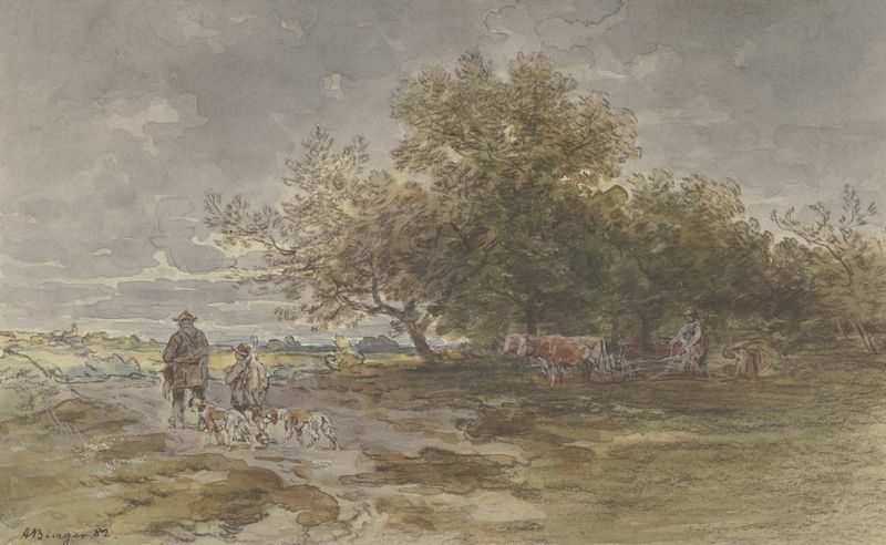 Landschaft mit Jäger und pflügendem Bauer by Anton Burger, oil painting depicting a farmer and hunter in a landscape.