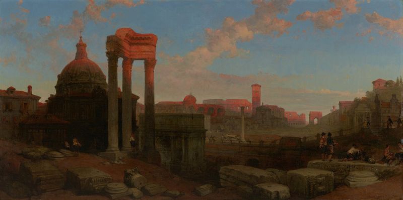 Las Ruinas del Foro Romano de David Roberts, pintura al óleo que muestra antiguas ruinas y columnas.
