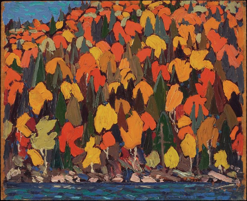 Autumn Foliage by Tom Thomson, oil on canvas depicting vibrant autumn forest colors