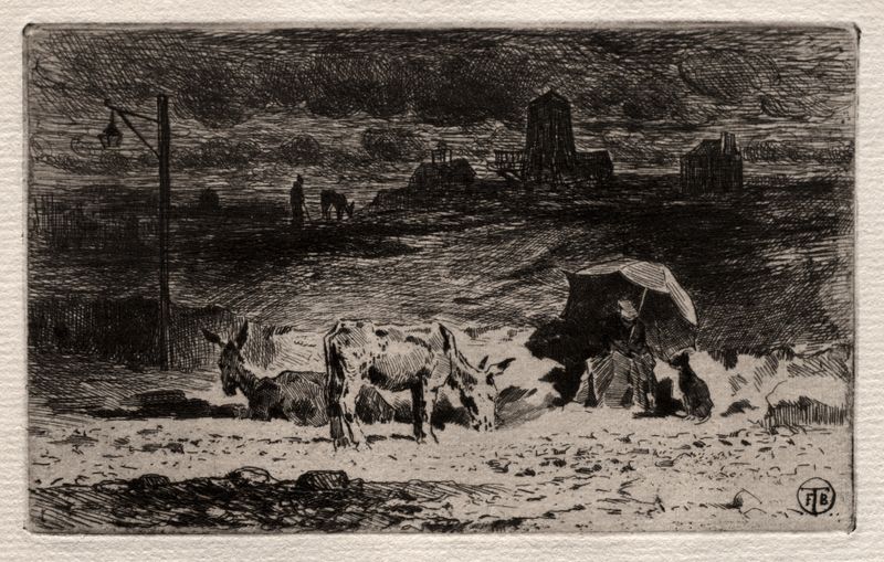 The Donkeys at the Hill of the Cailles, oil painting by Félix Hilaire Buhot, depicting donkeys grazing in a serene landscape.