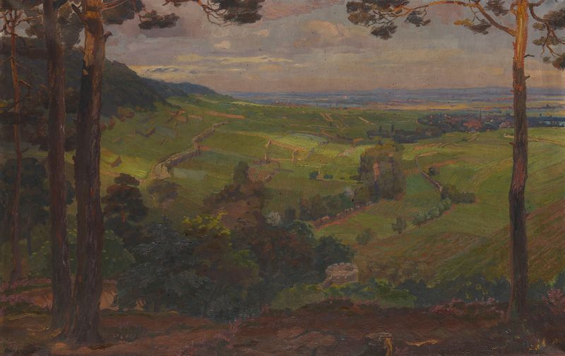 Pintura al óleo de paisaje al atardecer por August Croissant con un pueblo y cielo degradado.