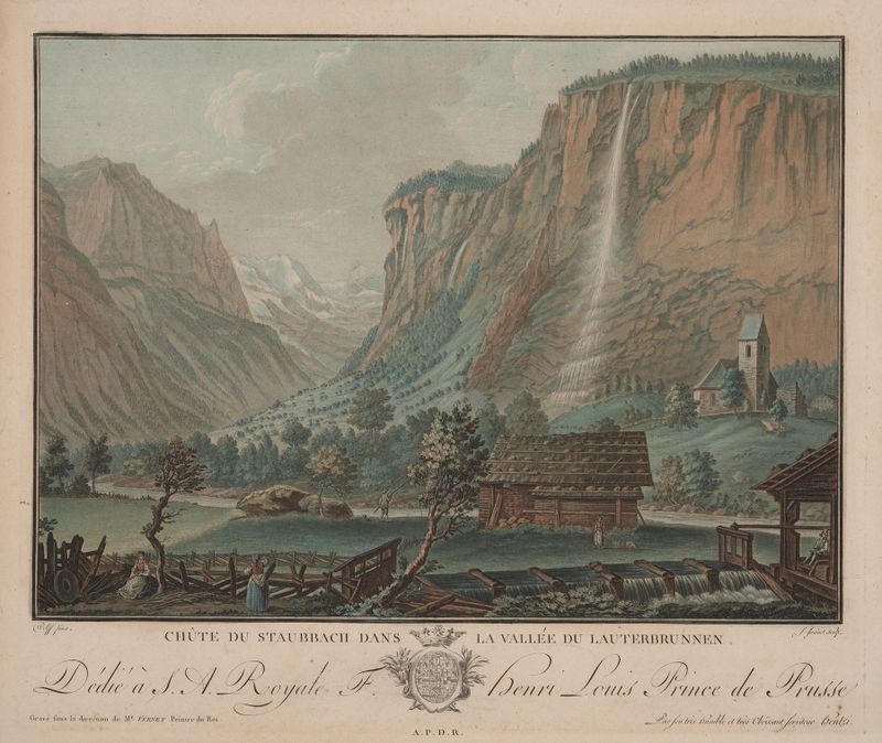 Gravura de Staubbach Falls no Vale de Lauterbrunnen de Jean-François Janinet