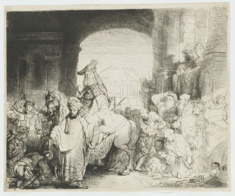El triunfo de Mardoqueo, grabado de Rembrandt van Rijn, que representa a una figura regia en una escena de corte.