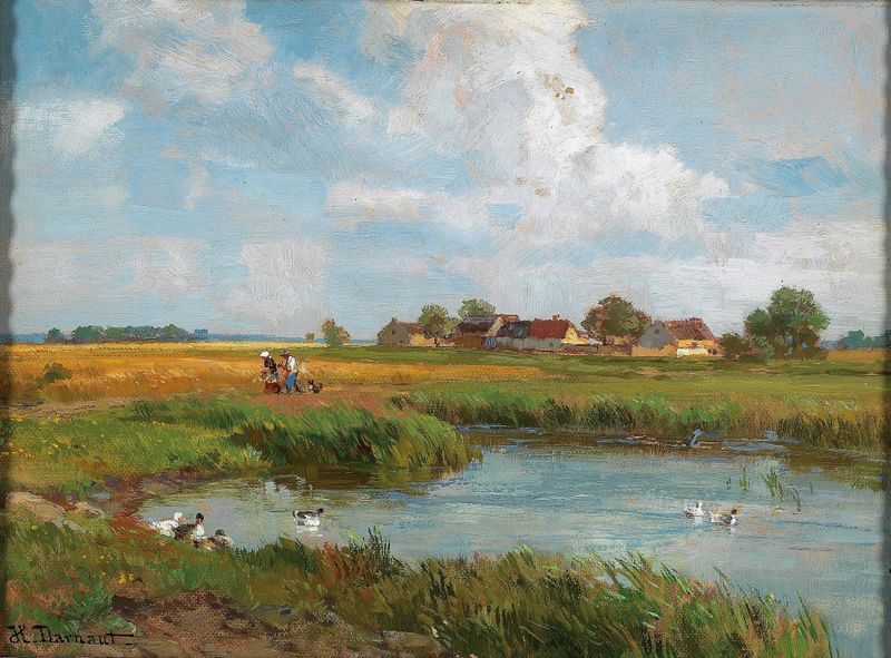 Impressionist oil painting by Hugo Darnaut depicting a lively meadow with figures and vibrant light.