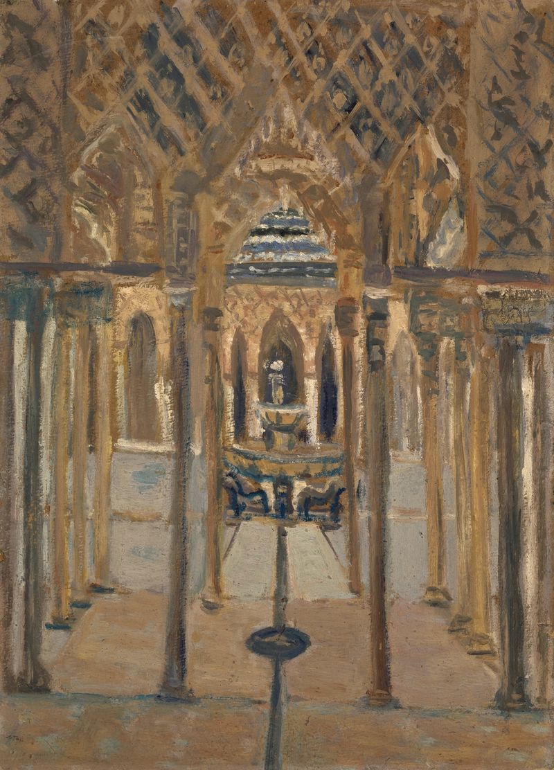 Löwenhof der Alhambra de Ernst Schiess, óleo sobre lienzo, mostrando arabescos intrincados y sombras.