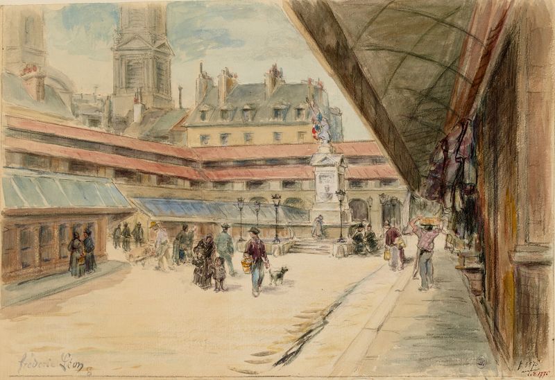 Vue du marché Saint-Germain de Frédéric Léon, óleo sobre tela que retrata um animado mercado parisiense.