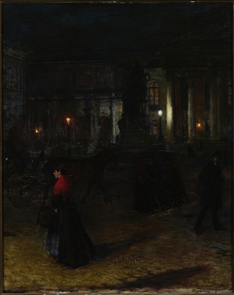 Cena noturna com figuras em paralelepípedos iluminados por lâmpadas a gás, de Aleksander Gierymski.