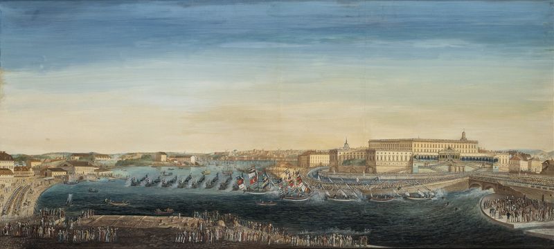 A Aclamação do Rei Carl XIV Johan da Suécia, óleo sobre tela por um Artista Desconhecido