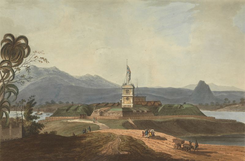 Engraving by Joseph Constantine Stadler depicting Fort Marlborough in a landscape of Sumatra