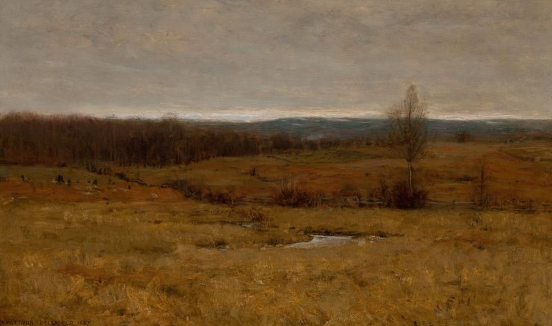 Landscape, December 1887 by Dwight William Tryon, oil on canvas depicting a winter scene with trees and soft light.