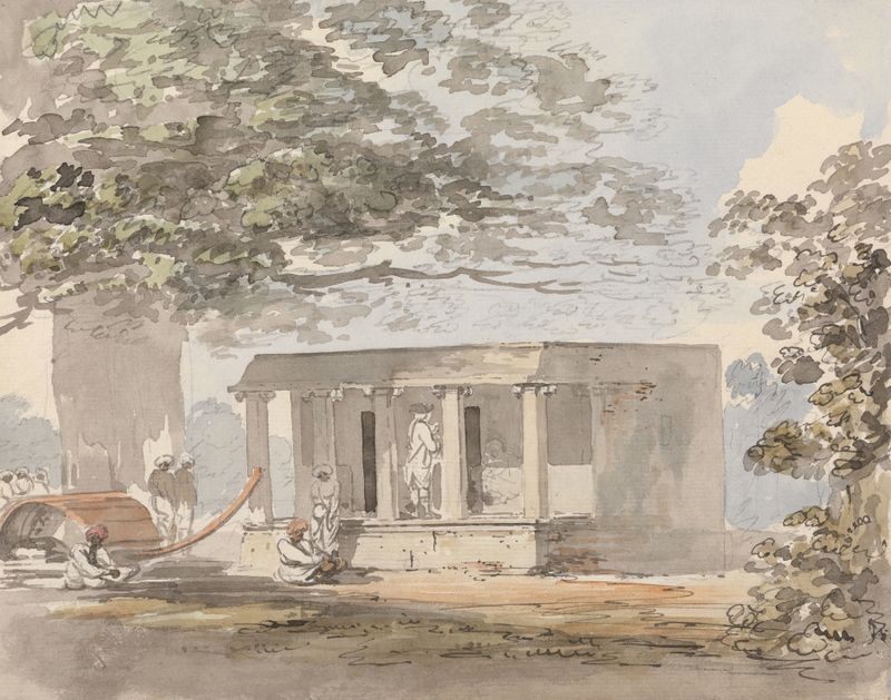 Genre scene of a European gentleman in a suit at a bungalow, by Samuel Davis