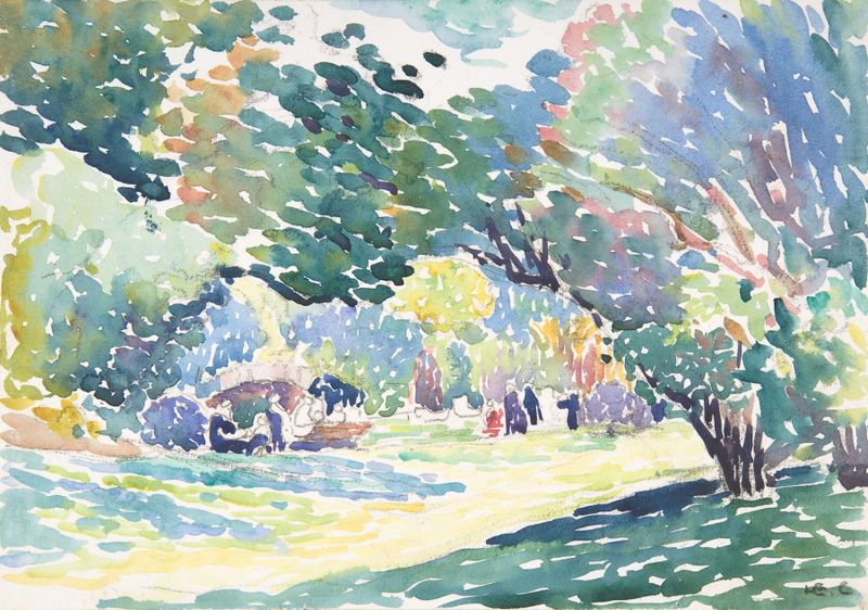 Landscape by Henri-Edmond Cross, oil on canvas depicting a lush scene with greenery and golden light.