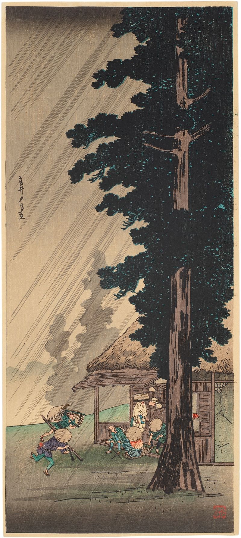 Woodblock print by Takahashi Hiroaki depicting a rain-soaked landscape at twilight.