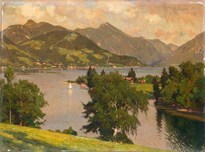 Landscape oil painting by Otto Strützel depicting a tranquil lake and mountains.
