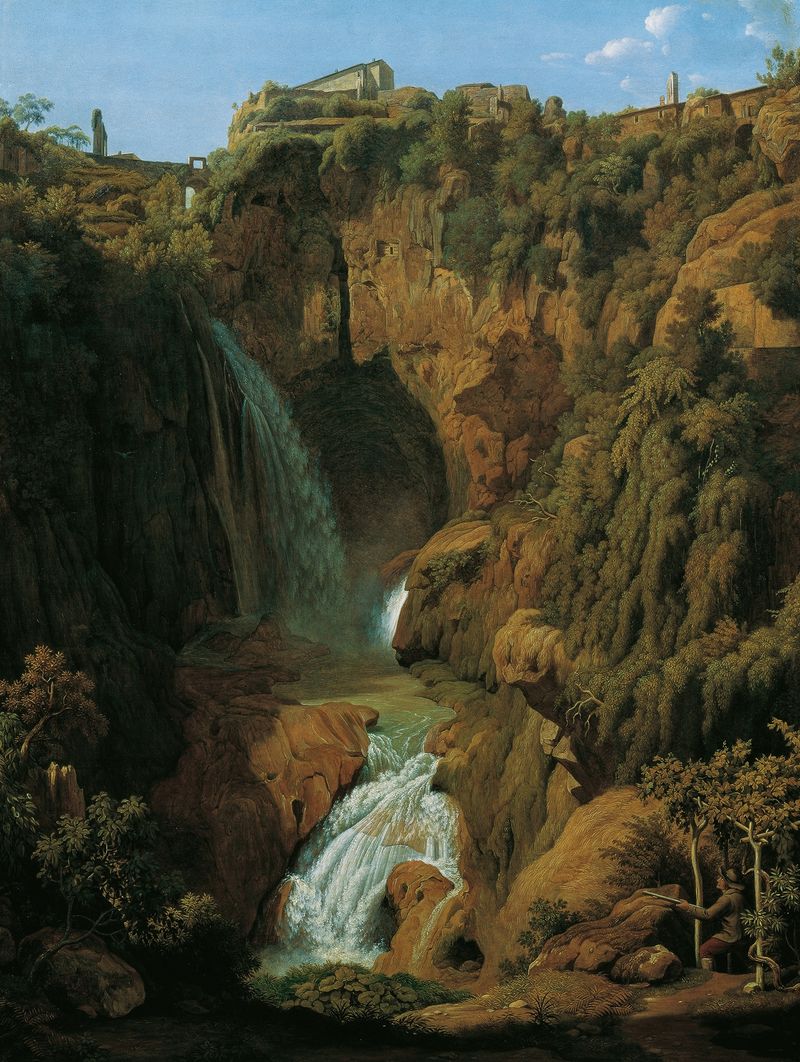 Pintura de paisagem a óleo de Johann Martin von Rohden com uma cachoeira e folhagem exuberante.