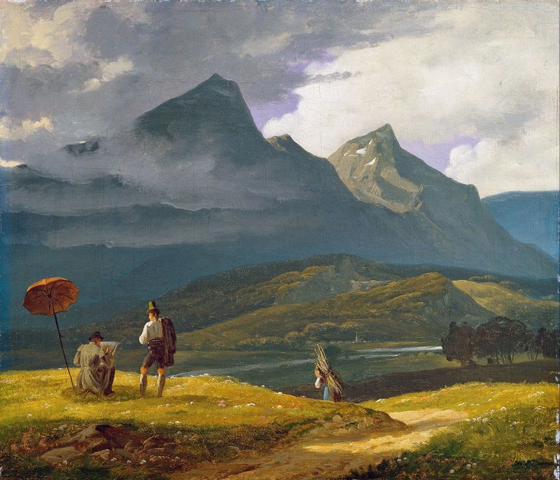 Pintura de paisaje montañoso de Wilhelm Bendz que representa picos y un valle tranquilo