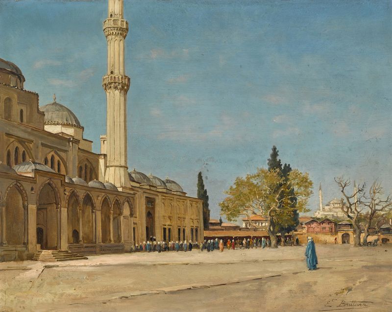 Arquitetura de uma mesquita em Devant La Mosquée, Constantinople de Ernest Buttura, pintura a óleo
