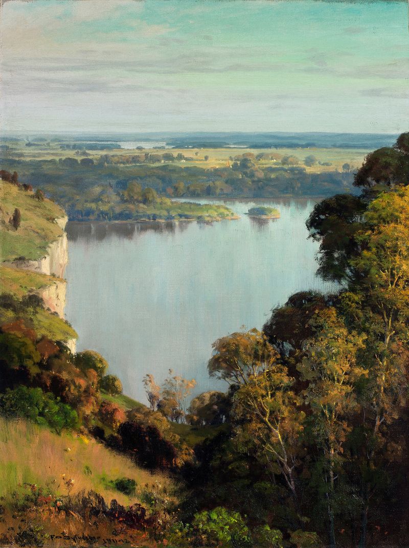The River’s Golden Dream by Frederick Oakes Sylvester, oil painting depicting a shimmering river.