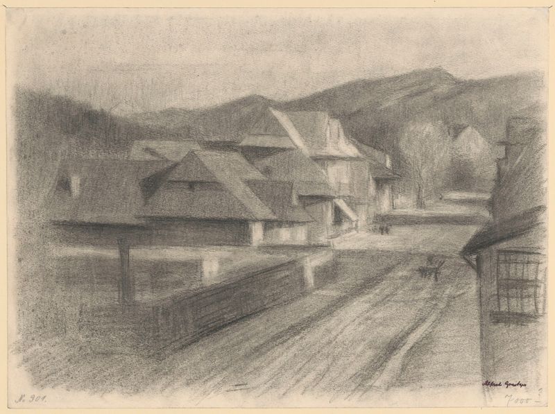 Rua em uma Vila de Montanha de Alfred Graetzer, pintura a óleo que retrata uma rua de vila com montanhas.