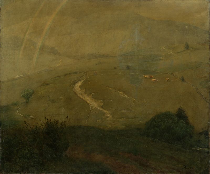 Landscape depicting a forest in rain by Hans Thoma, oil painting