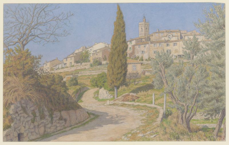 Paisaje postimpresionista de Henri Rivière, que representa colinas y un pueblo.