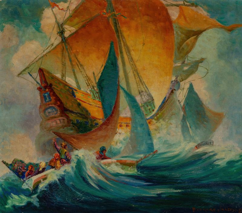 Pintura al óleo del Romanticismo de Theodore Jackman que muestra un barco en el mar con azules y verdes.
