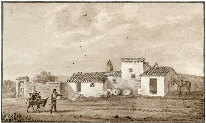 Landscape featuring a house surrounded by trees, golden light, by Otto Howen