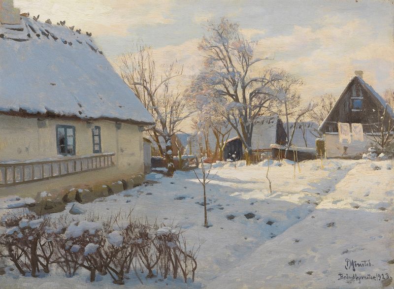 Paisaje invernal con nieve de Peder Mørk Mønsted, pintura al óleo