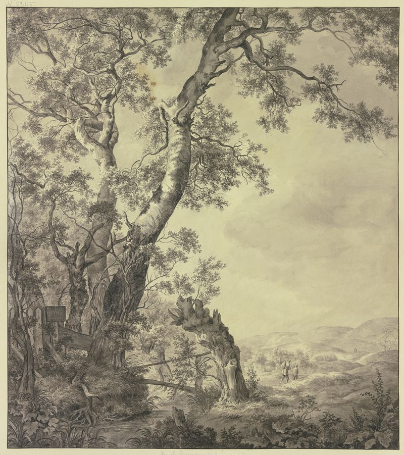 Landscape with trees and a fence, warning sign attached, by Franciscus Andreas Milatz
