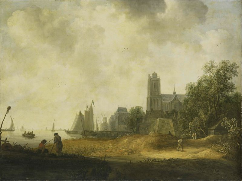 View of Dordrecht by Wouter Knijff, oil on canvas depicting a serene river landscape.
