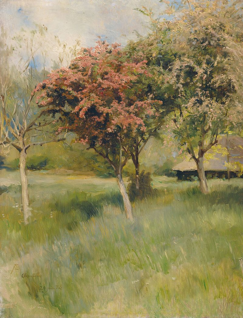 Blommande hagtorn, oil on canvas by Albert Edelfelt, featuring delicate white blossoms and a spring landscape.