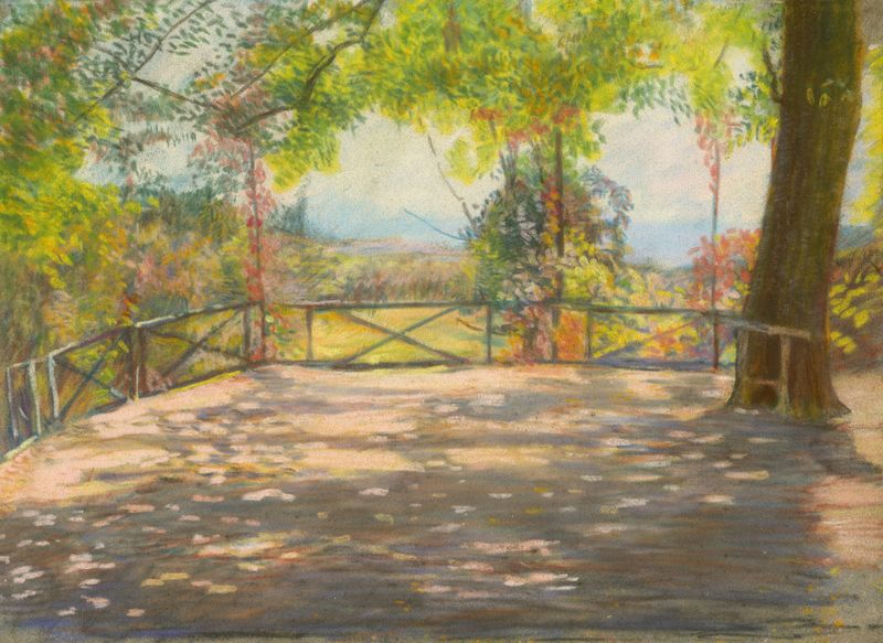 Motif in Park de Ladislav Mednyánszky, óleo sobre lienzo que muestra figuras en un parque con luz moteada.