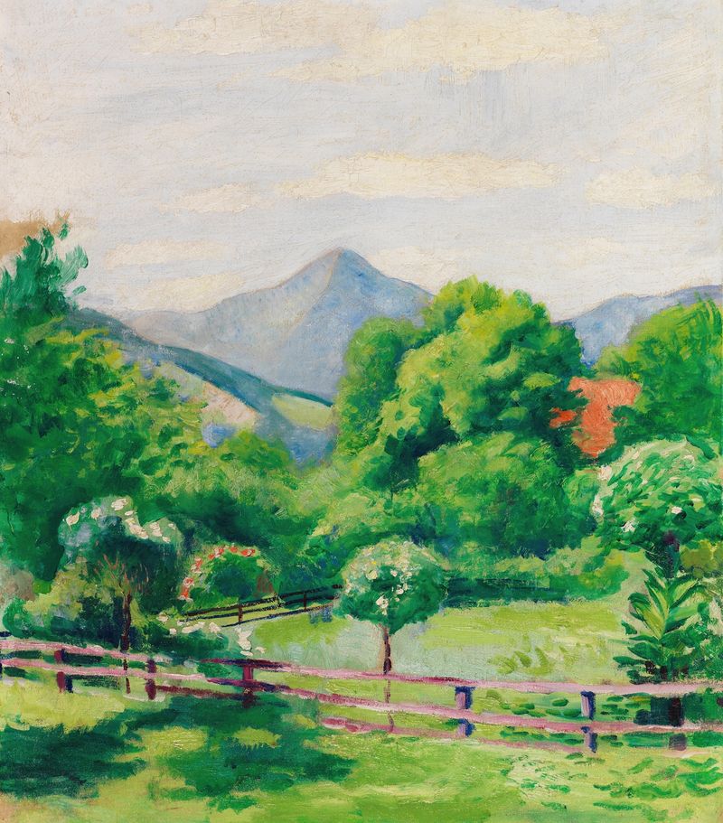Garten in Tegernsee mit Haus und Berg de August Macke, pintura al óleo que representa un paisaje vibrante.