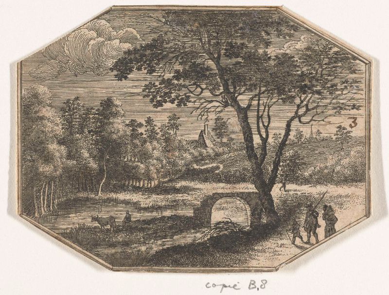Paisagem com uma ponte em ruínas, gravura de Unknown Artist