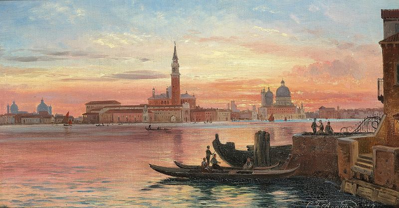 Venedig i solnedgangen by Carl Frederik Aagaard, oil painting depicting twilight over water.