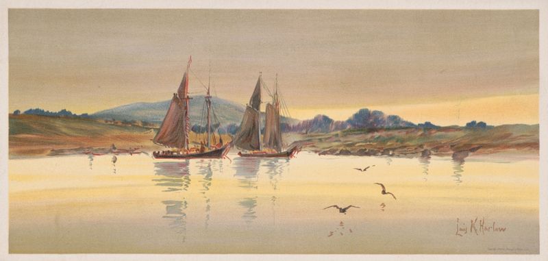 Sunset in Rockland Harbor by Louis Kinney Harlow, oil on canvas depicting a vibrant sunset over the water.