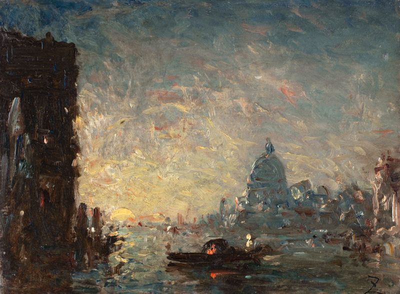 Paisaje de Félix Ziem, que representa un atardecer sobre el agua, pintura al óleo