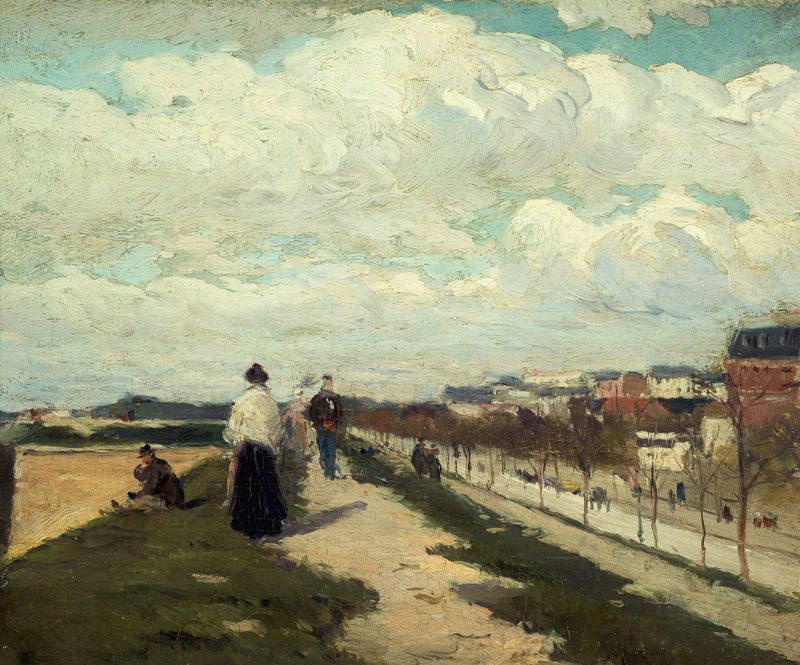 Paisaje que muestra fortificaciones al amanecer por Ferdinand Marks, pintura al óleo