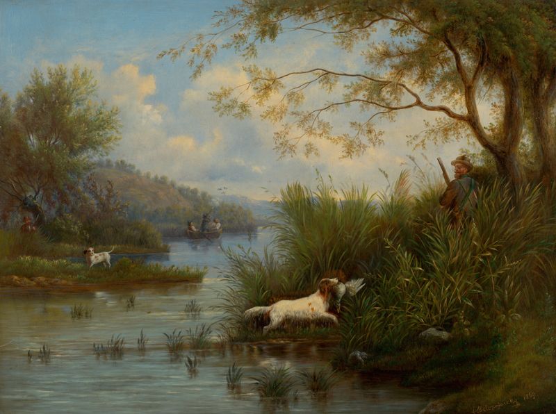 Caza de Patos Salvajes de František Belopotocký, óleo sobre lienzo que muestra un cazador en la naturaleza.